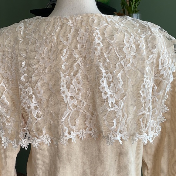 Womens Sz M vintage lace collar knit romantic retro beige casual rare sweater - Picture 6 of 8